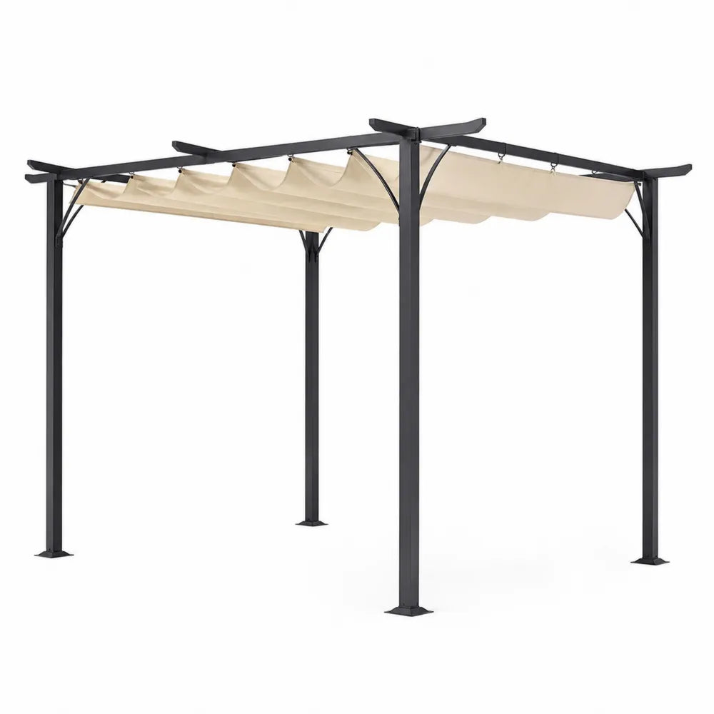 Metalowa pergola ogrodowa ze stalową ramą i beżowym pokryciem z poliestru 3x3 m