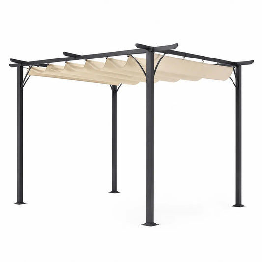 Metalowa pergola ogrodowa ze stalową ramą i beżowym pokryciem z poliestru 3x3 m
