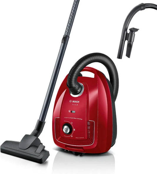Bosch Serie 4 odkurzacz workowy, kompaktowy, 10m zasięg, filtr PureAir, jakość niemiecka, 4L, czerwony