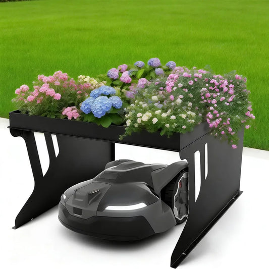 Metalowy garaż dla robota koszącego z miejscem na rośliny, 80x66x48 cm, odporność na deszcz i rdzę