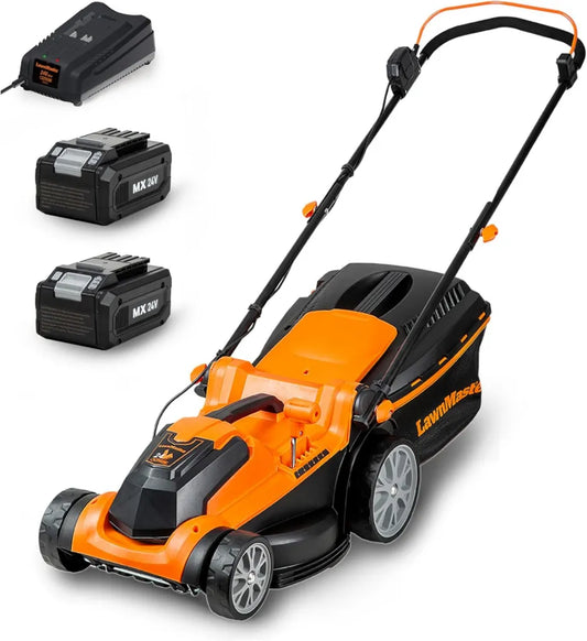Akumulatorowa kosiarka Lawnmaster 24V, silnik bezszczotkowy, szerokość 37 cm, 6 poziomów wysokości