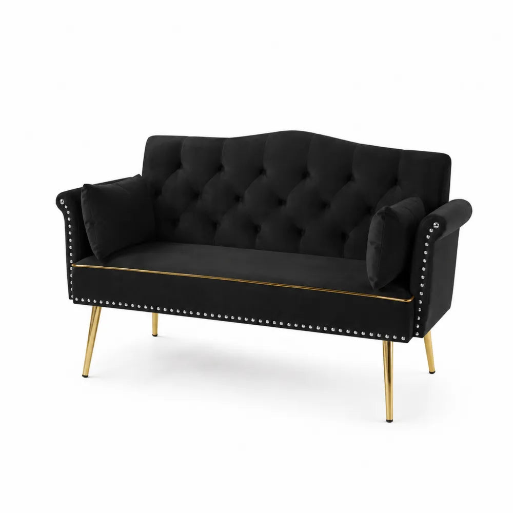 Czarna sofa aksamitna z metalowymi złotymi nóżkami