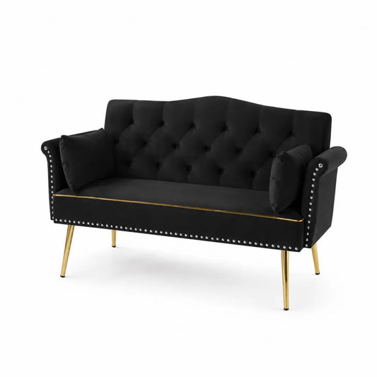 Czarna sofa aksamitna z metalowymi złotymi nóżkami