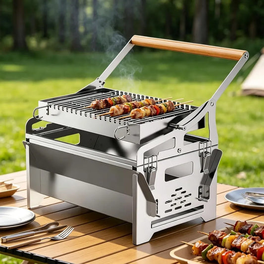 Grill węglowy przenośny 360° z automatycznym obrotem, stal nierdzewna, idealny na piknik lub do ogrodu