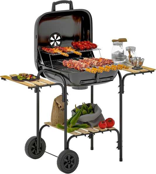 Przenośny grill węglowy Outsunny z pokrywą i półkami, 98x54x91 cm, czarny