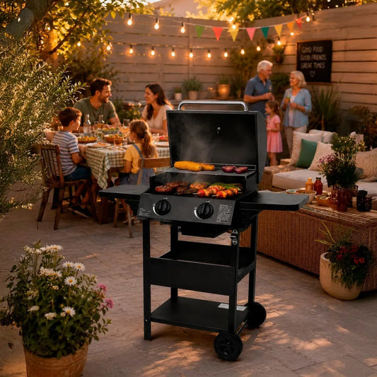Gazowy grill ogrodowy Neo z 2 palnikami, półki boczne, ocieplenie, stojak, otwieracz, stal nierdzewna, automatyczny zapłon