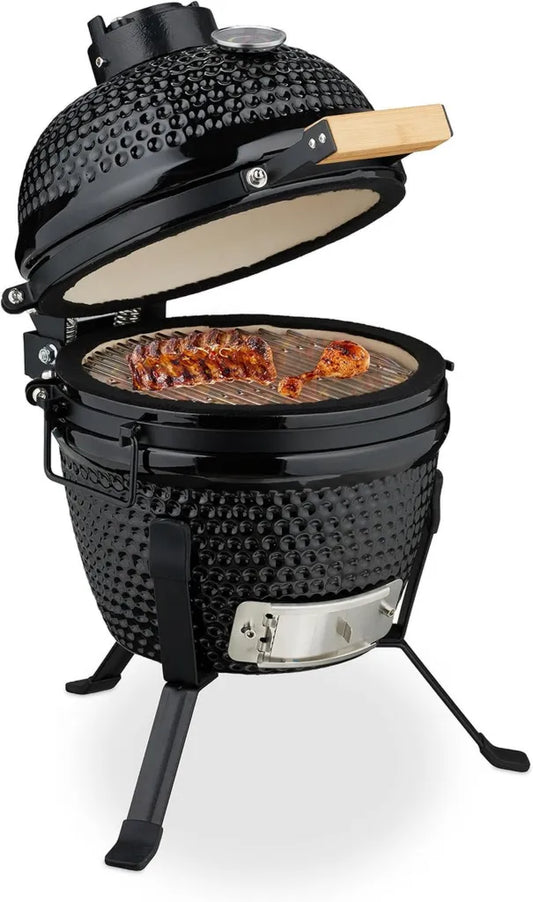 Ceramiczny grill Kamado ø26 cm, z termometrem do 450°C, na węgiel, czarny