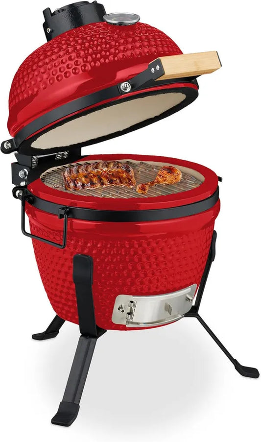Ceramiczny grill Kamado z termometrem 26 cm, 450°C, wędzarnia, czerwony