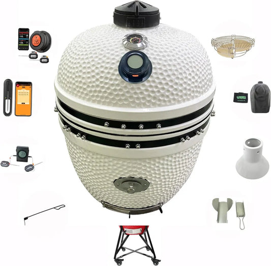 Ceramiczny Grill Węglowy XL 68 cm YNNI Kamado z Podajnikiem Wiórów, Biały