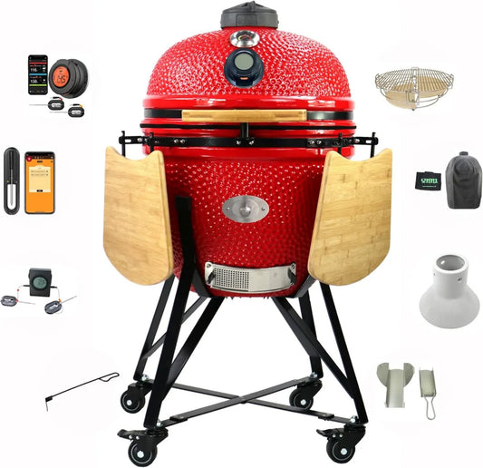 Grill ceramiczny XL 68 cm czerwony z wędzarnią i akcesoriami