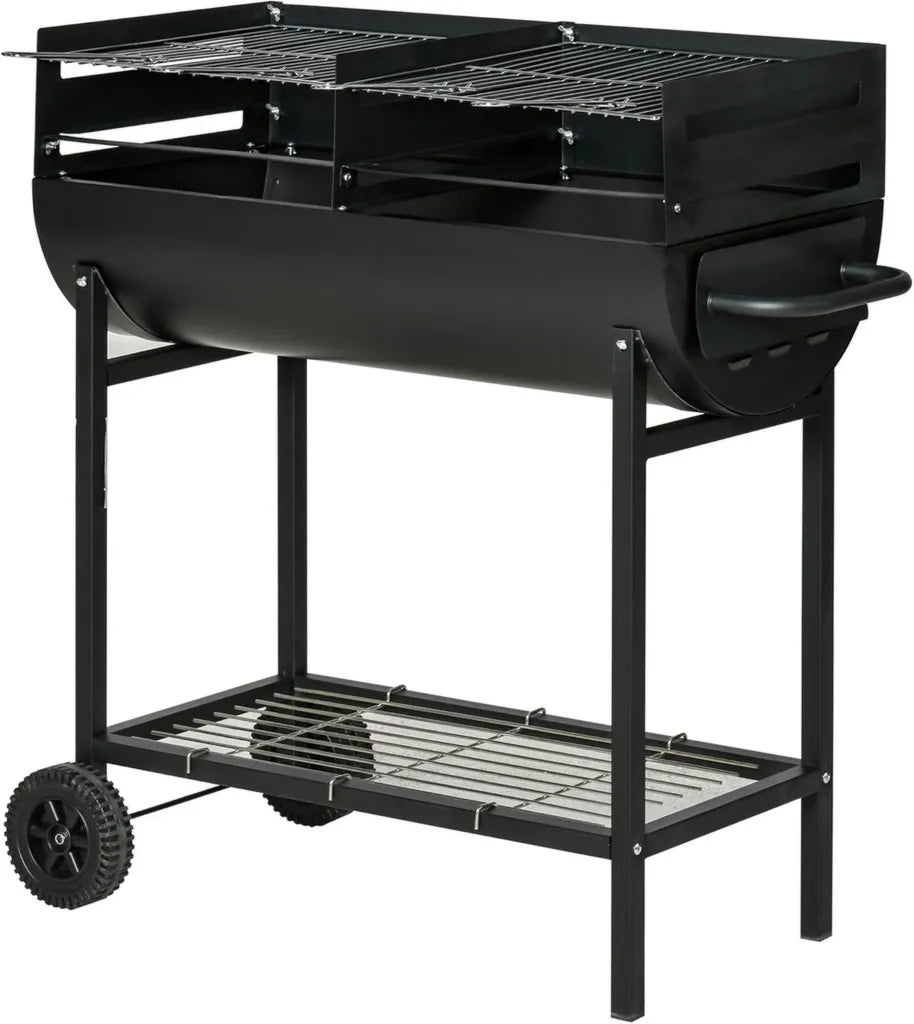 Grill węglowy Outsunny z regulacją wysokości i kółkami, do ogrodu i tarasu, 90x45x96 cm, czarny