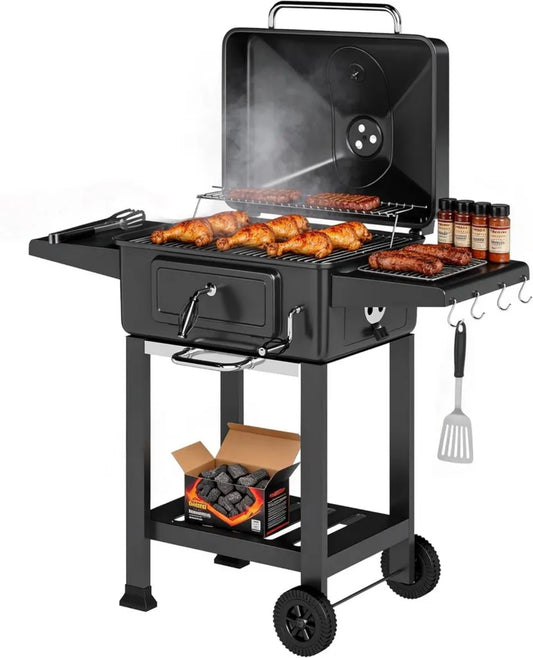 Grill węglowy Outsunny z termometrem i akcesoriami, mobilny z wózkiem i stołem bocznym