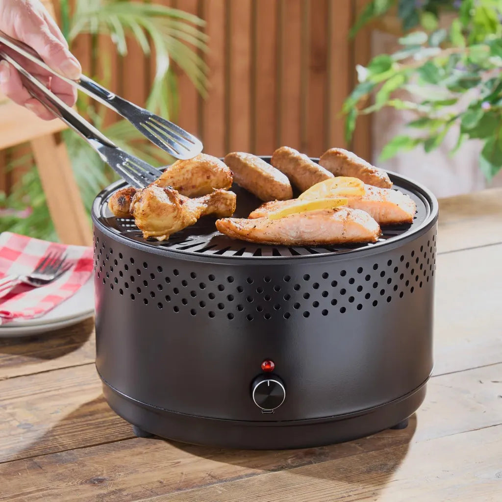 Przenośny grill elektryczny z wentylatorem do użytku na balkon, taras i do parku – bezdymny i kompaktowy – Ø 29 cm, z akcesoriami