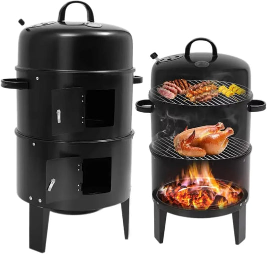 Wielofunkcyjny grill węglowy Smoker 3w1 z termometrem, 2 poziomy, idealny do ogrodu i kempingu
