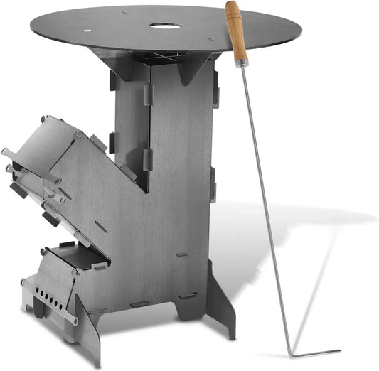 Przenośny piec rakietowy outdoor z płytą grillową i hakiem, stal 3 mm, do kempingu i BBQ