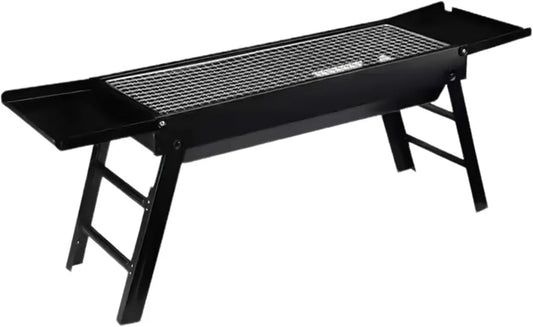 Składany przenośny grill węglowy z bocznymi tacami, łatwy w czyszczeniu, idealny na kemping i piknik, kompaktowy design w kolorze czarnym