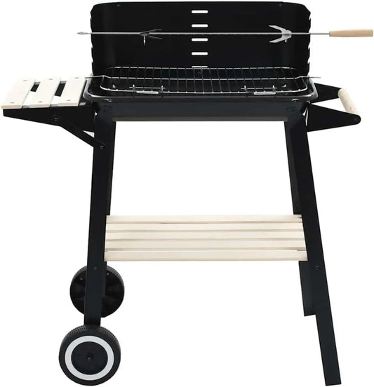 Przenośny grill węglowy z kółkami, stal i drewno, 83x44x87 cm, chromowany ruszt, półki, do ogrodu i kempingu