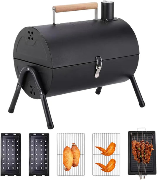Grill ogrodowy beczkowy z wędzarnią, antypoślizgowy i nieprzywierający, idealny na kemping, taras, balkon i piknik