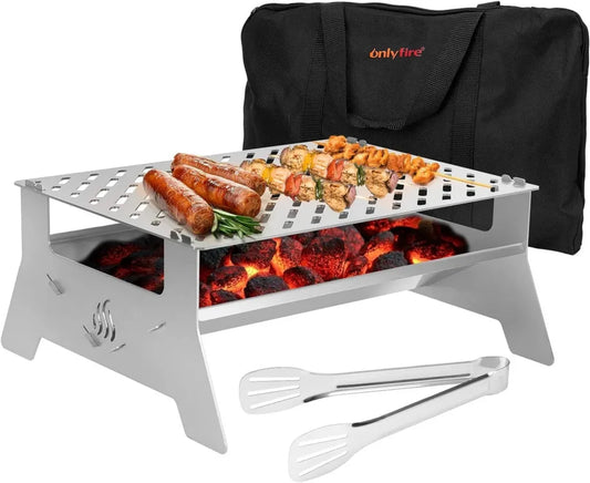 Przenośny grill węglowy Onlyfire z nierdzewnym rusztem, torbą i szczypcami do kempingu i ogrodu