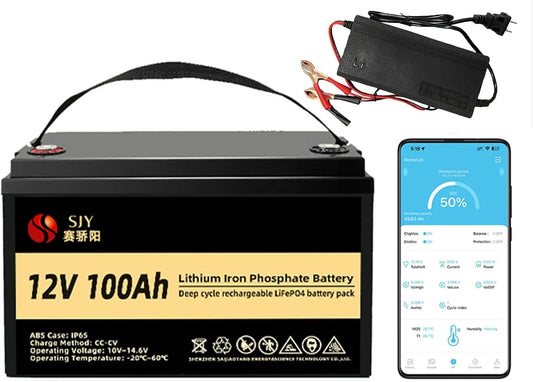 LifePO4 Akumulator litowy LiFePO4 i akumulator solarny głębokiego rozładowania, 100Ah, zasilanie słoneczne, z BMS, z Bluetooth, 12V, 10A