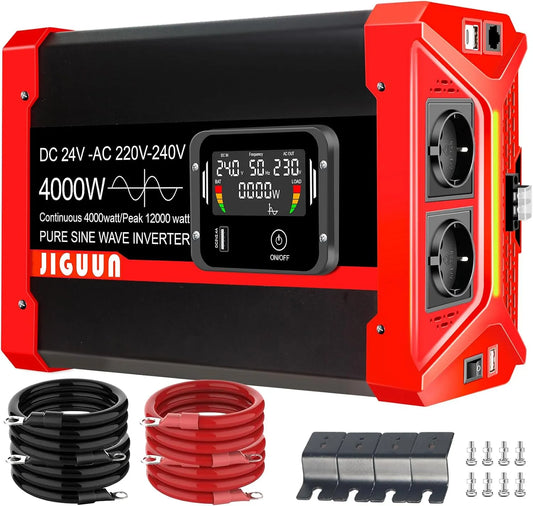 na kemping, w podróży, JIGUUN Konwerter 1500 W 12 V na 230 V z czystym sinusoidalnym pilotem zdalnego sterowania Wyświetlacz LCD 2 gniazdko UE i 1