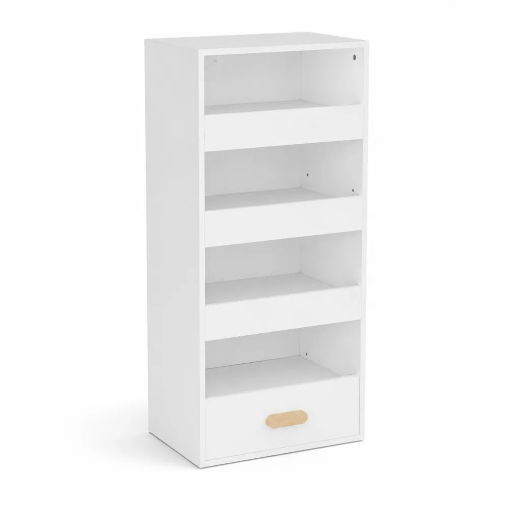 Regał z płyty MDF, biały, 4 półki, szuflada