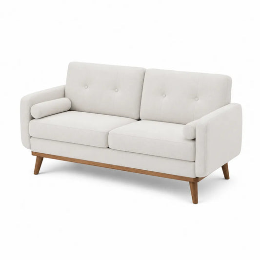 Sofa Dwuosobowa Tkanina Lniana Nogi Drewniane Jasnoszara