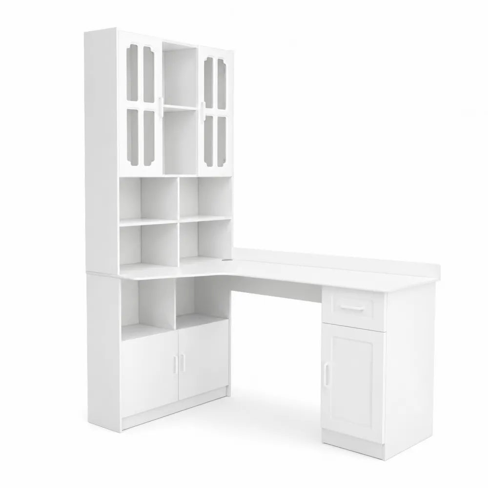 Biurko narożne z półkami z płyty wiórowej MDF białe 120x50x145 cm